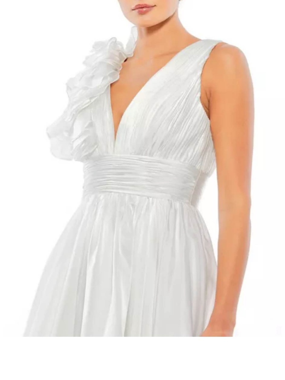 White V-Neck Ruffled Shoulder Evening Dress